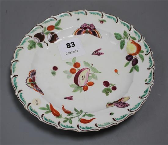 A Chelsea brown anchor butterfly and fruit feather edge plate, c.1758, 22cm